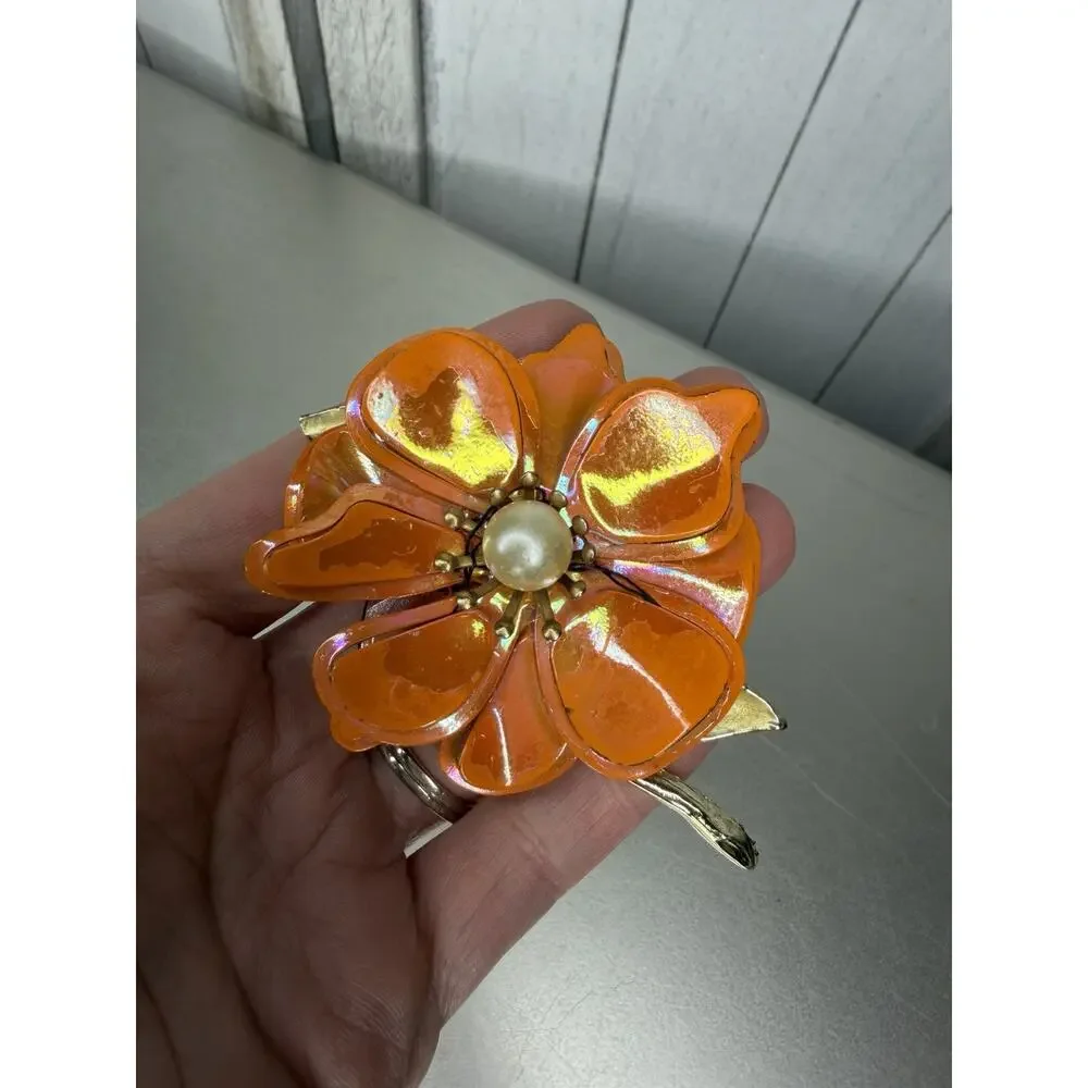 Vintage Iridescent Orange Enamel 3D Flower Brooch Large Layered Pin Pearl Center